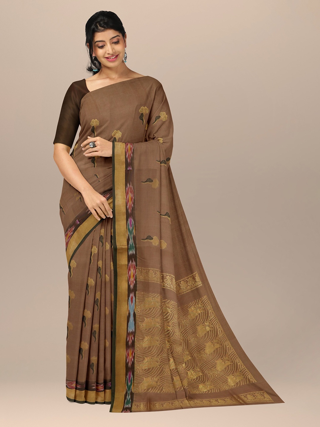 

APCO Floral Zari Pure Cotton Saree, Brown