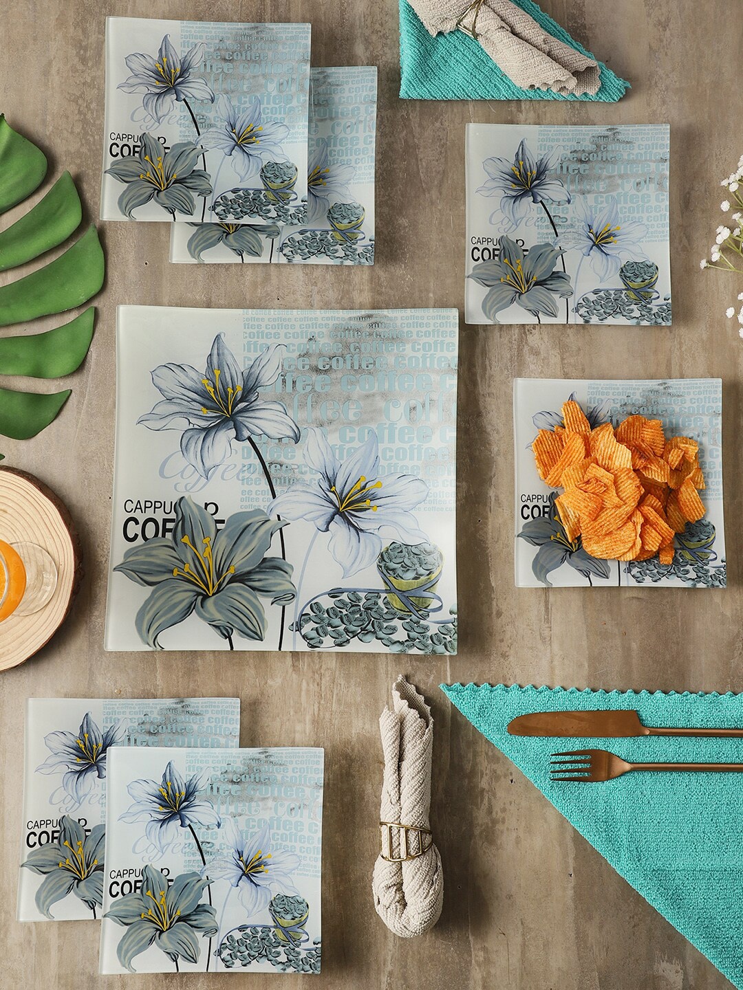 

ceradeco Blue & Grey 7 Pieces Printed Glass Glossy Plates