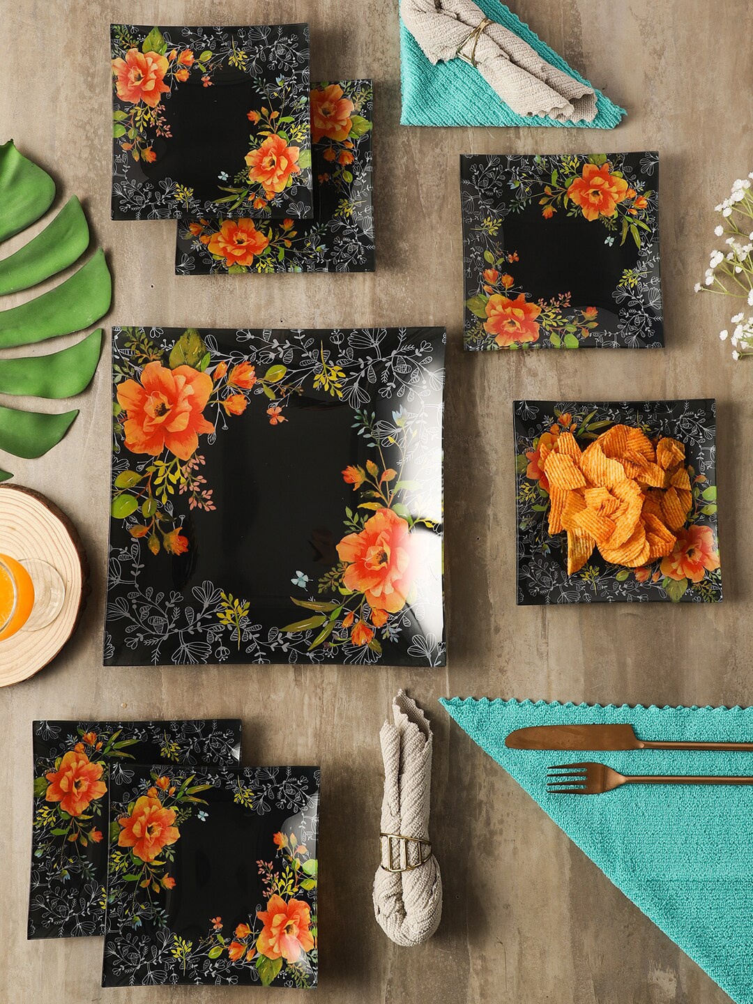 

ceradeco Black & Orange 7 Pieces Printed Glass Glossy Plates