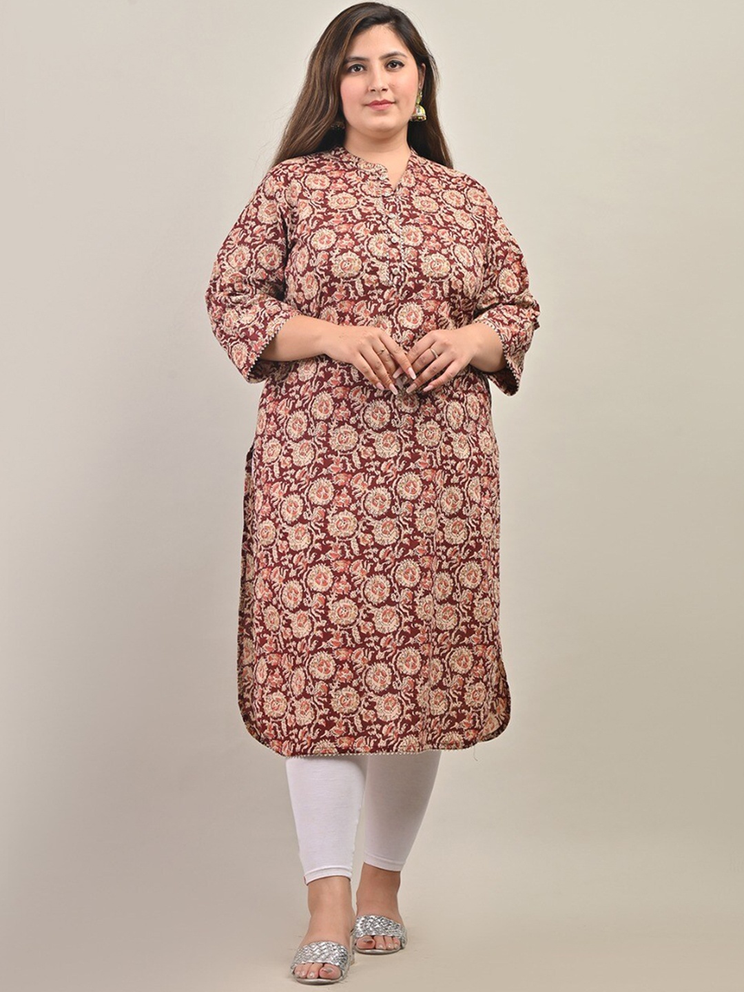 

Swasti Mandarin Collar Floral Printed A-Line Cotton Kurta, Maroon