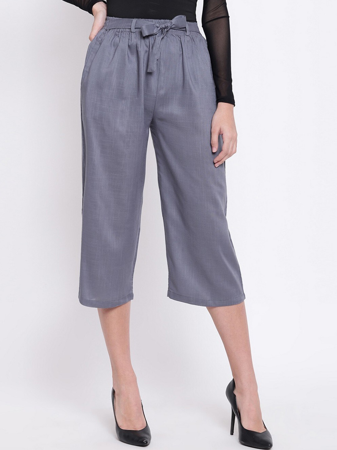 

RIVI Women Relaxed Straight Leg Easy Wash Pleated Cotton Culottes Trousers, Grey