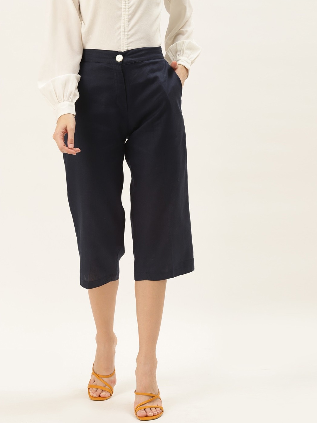 

RIVI Women Relaxed Straight Leg Easy Wash Culottes Trousers, Navy blue