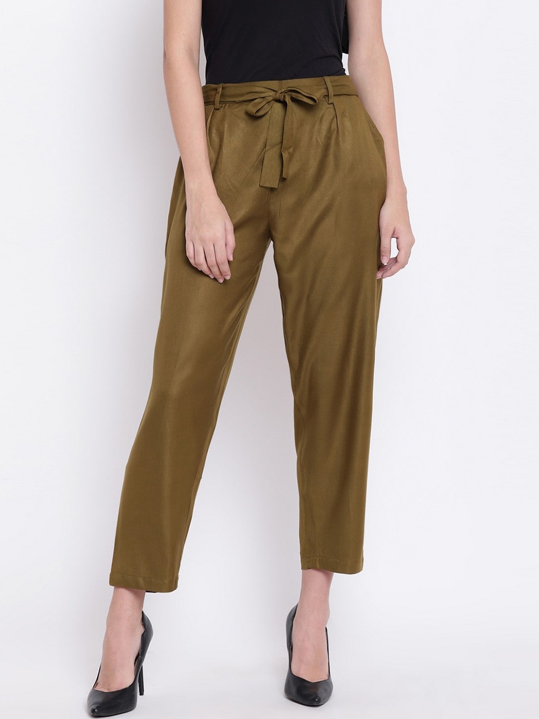 

RIVI Women Relaxed Straight Leg Easy Wash Pleated Trousers, Coffee brown