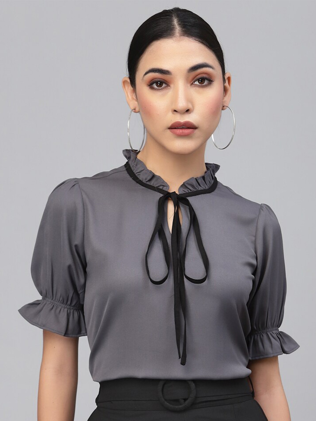 

Style Quotient Grey Tie-Up Neck Top