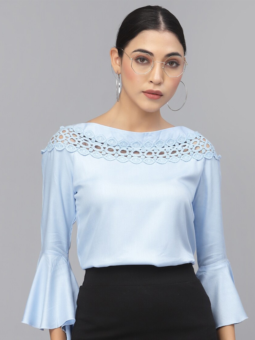 

Style Quotient Boat Neck Bell Sleeves Top, Blue