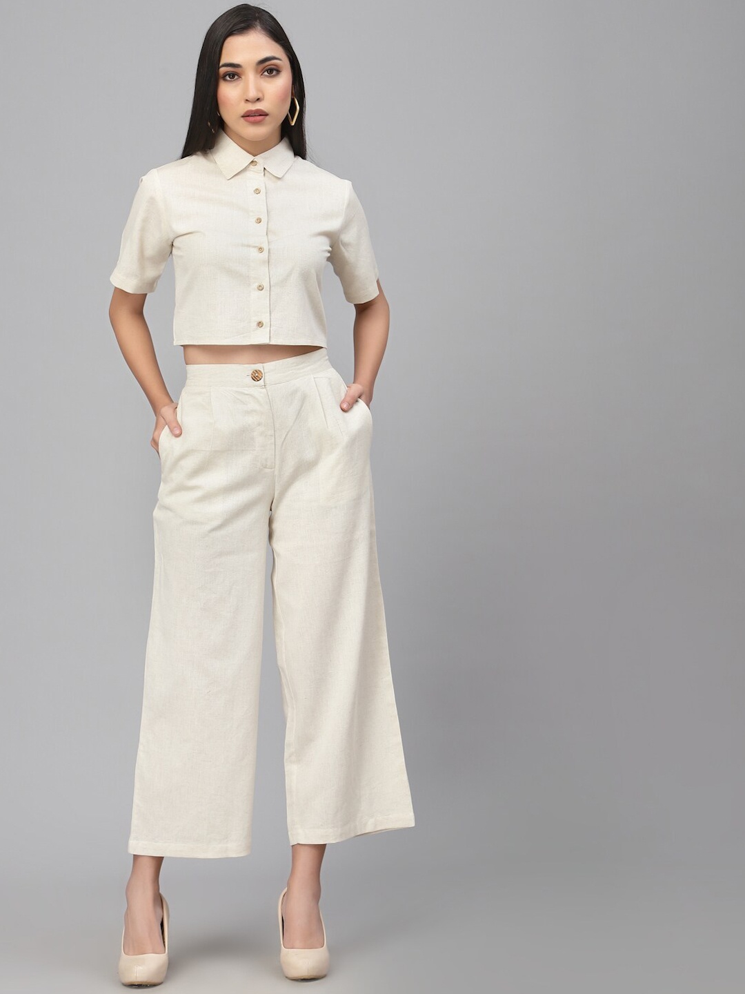 

Style Quotient Women Pure Cotton Shirt & Trouser Co-Ords, Cream