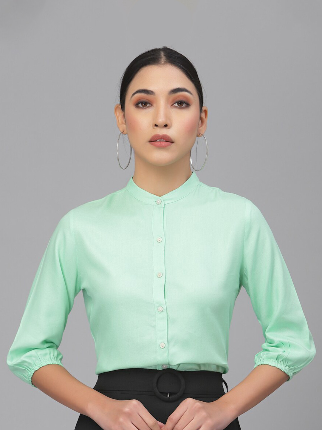 

Style Quotient Women Mandarin Collar Regular Fit Formal Shirt, Sea green