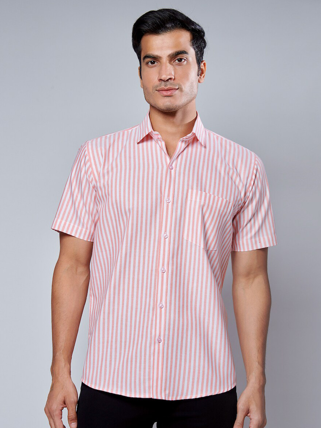 

MARK & ALBERT Men Classic Slim Fit Striped Cotton Casual Shirt, Orange