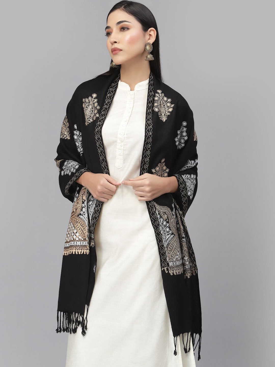 

Style Quotient Women Embroidered Acrylic Shawl, Black