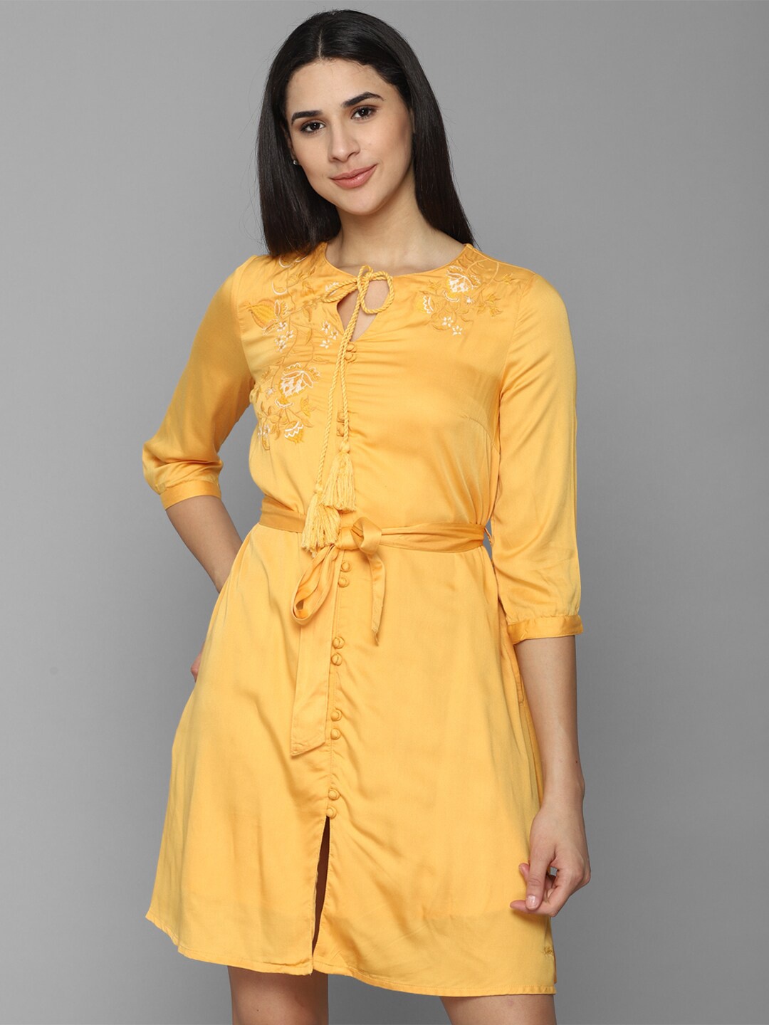 

Allen Solly Woman Embroidered Tie-Up Neck A-Line Dress, Yellow