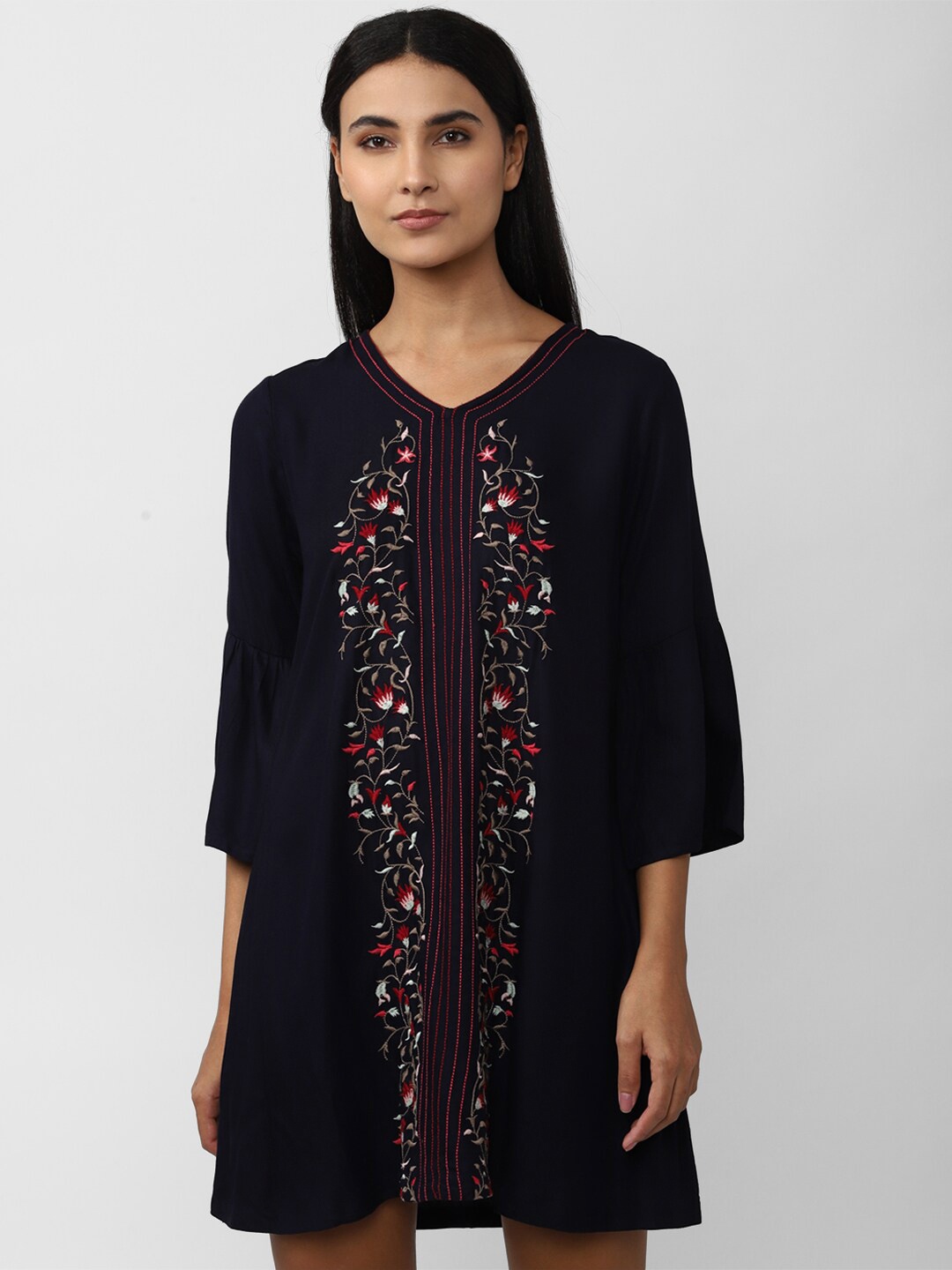 

Van Heusen Woman Floral Embroidered A-Line Dress, Navy blue