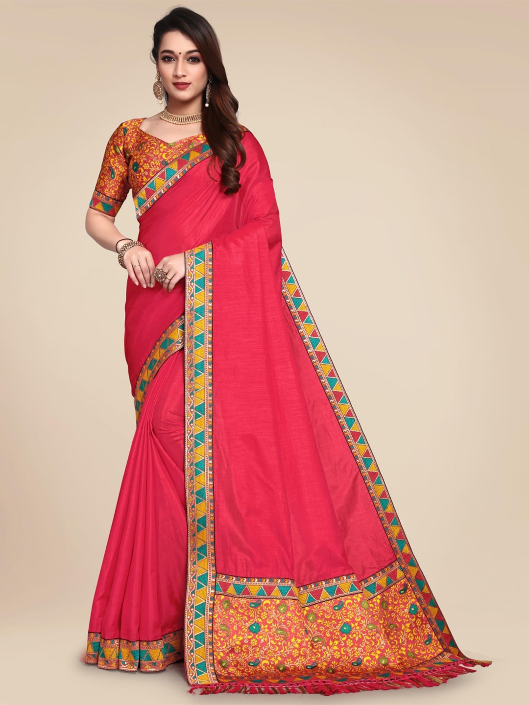 

SHAIBO SAREE Pink & Blue Embroidered Silk Cotton Saree