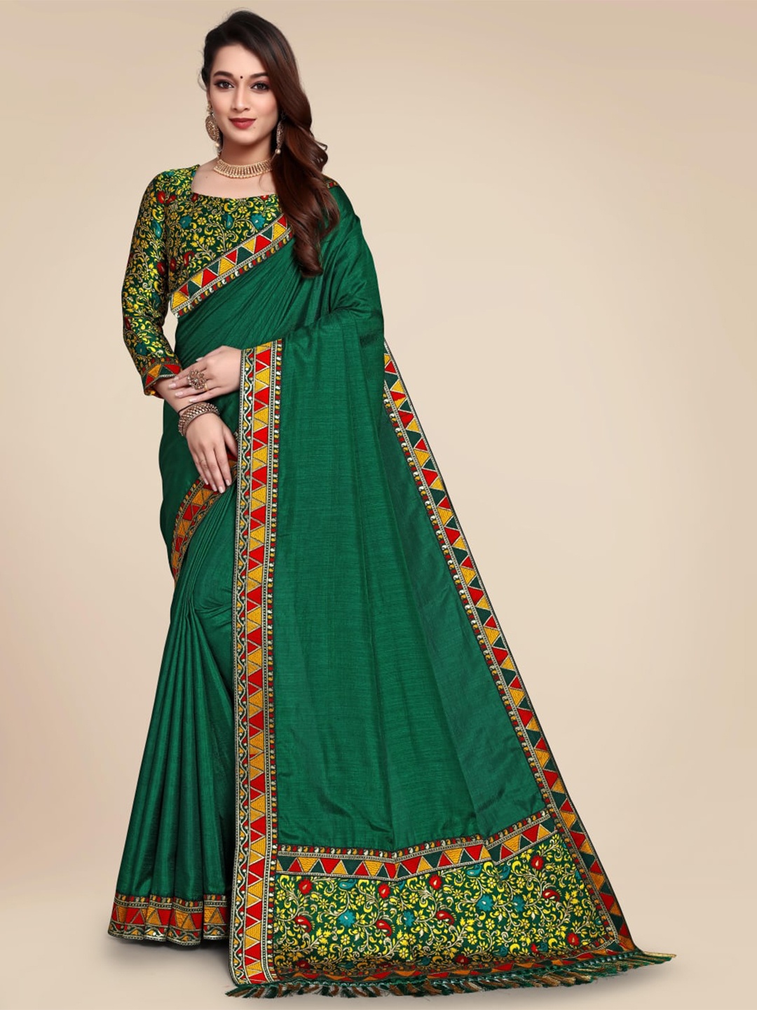 

SHAIBO SAREE Green & Red Embroidered Silk Cotton Saree