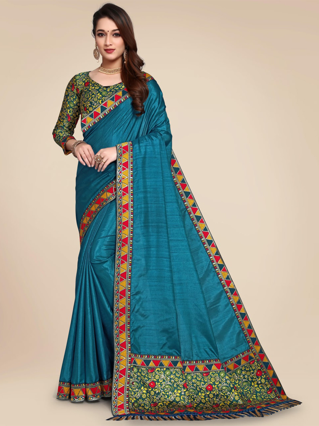 

SHAIBO SAREE Blue & Green Embroidered Silk Cotton Saree
