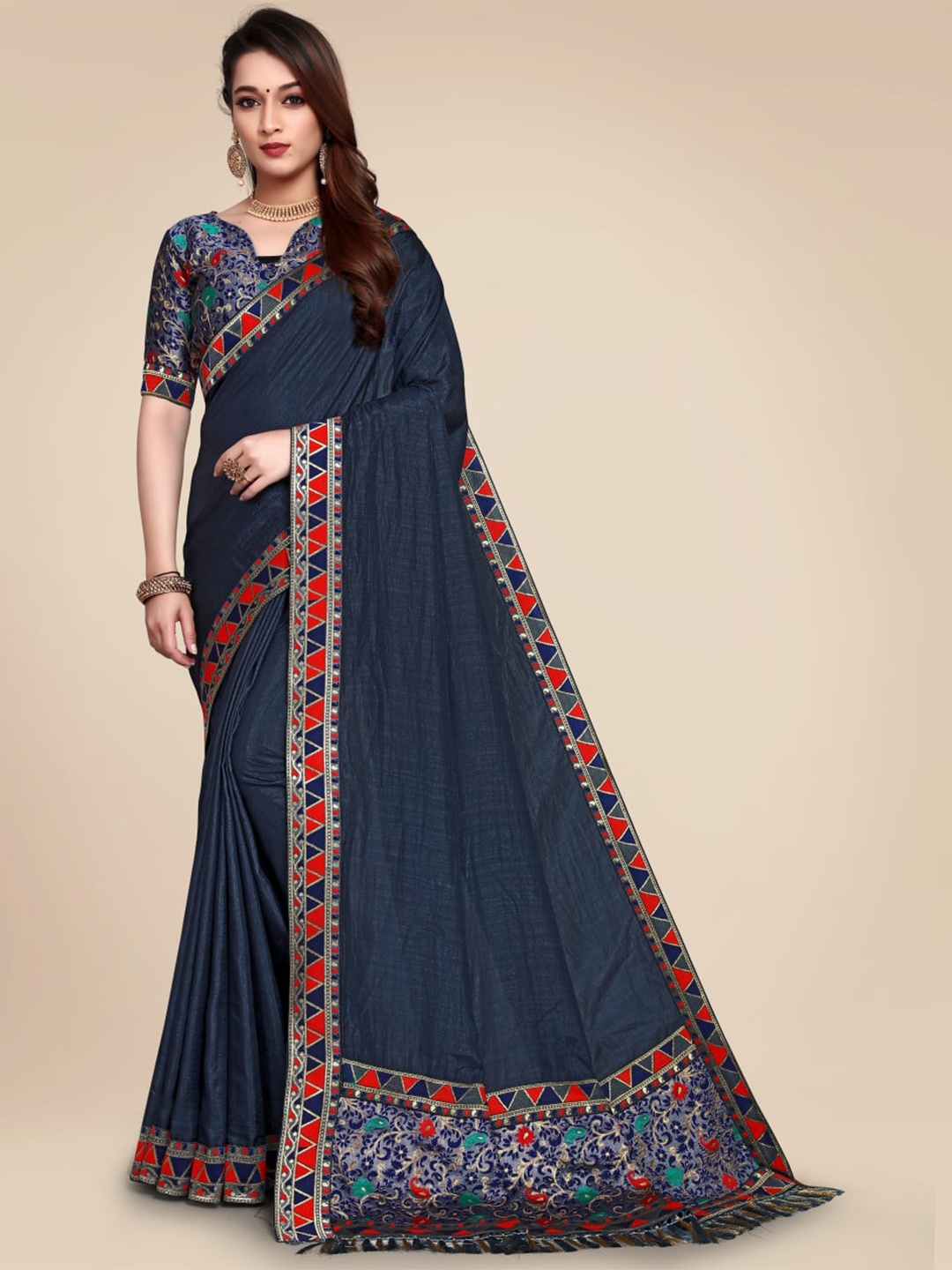 

SHAIBO SAREE Navy Blue & Red Embroidered Silk Cotton Saree