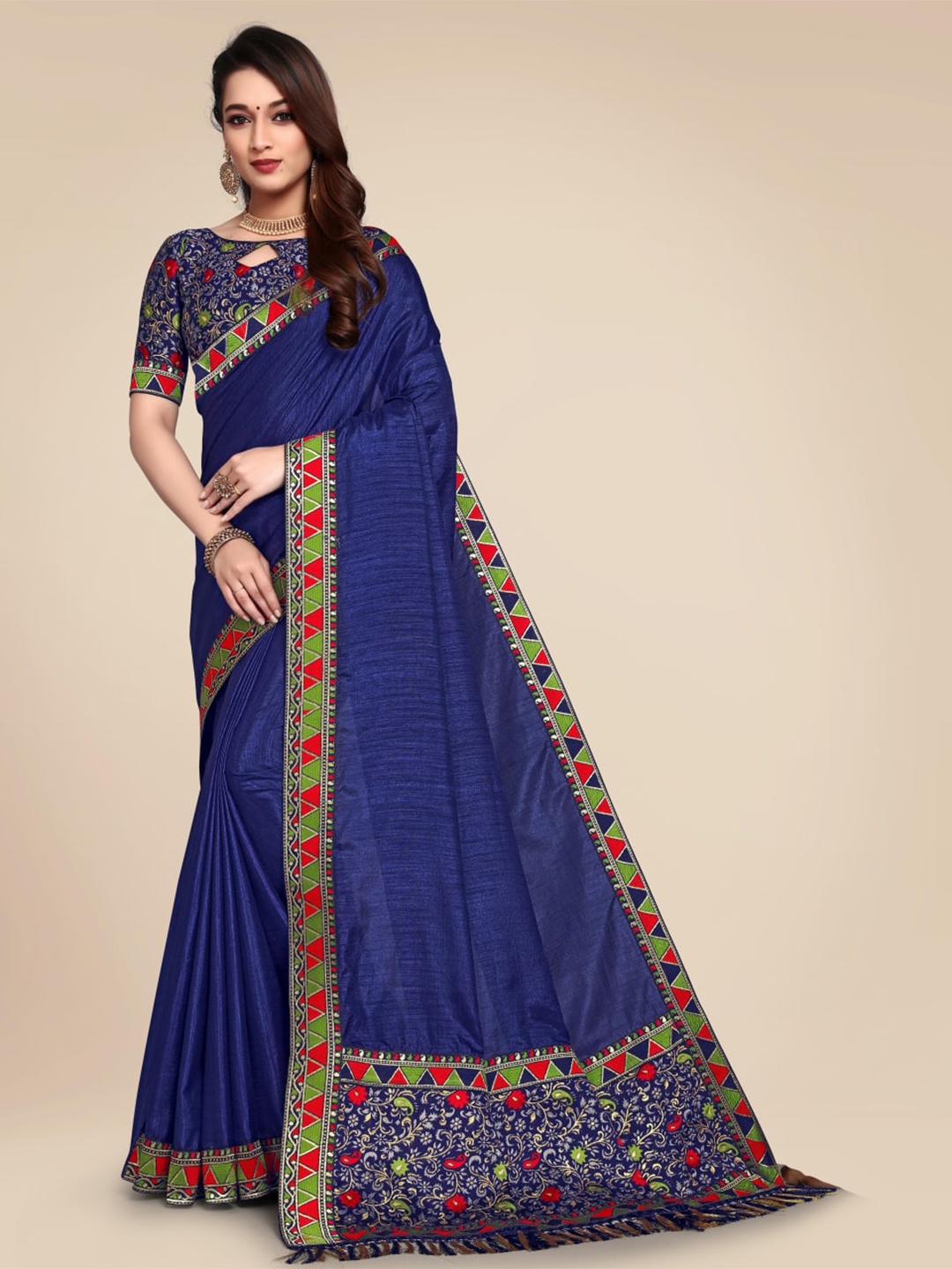 

SHAIBO SAREE Purple & Red Embroidered Silk Cotton Saree