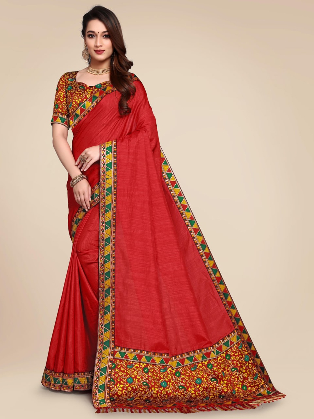 

SHAIBO SAREE Red & Blue Embroidered Silk Cotton Saree