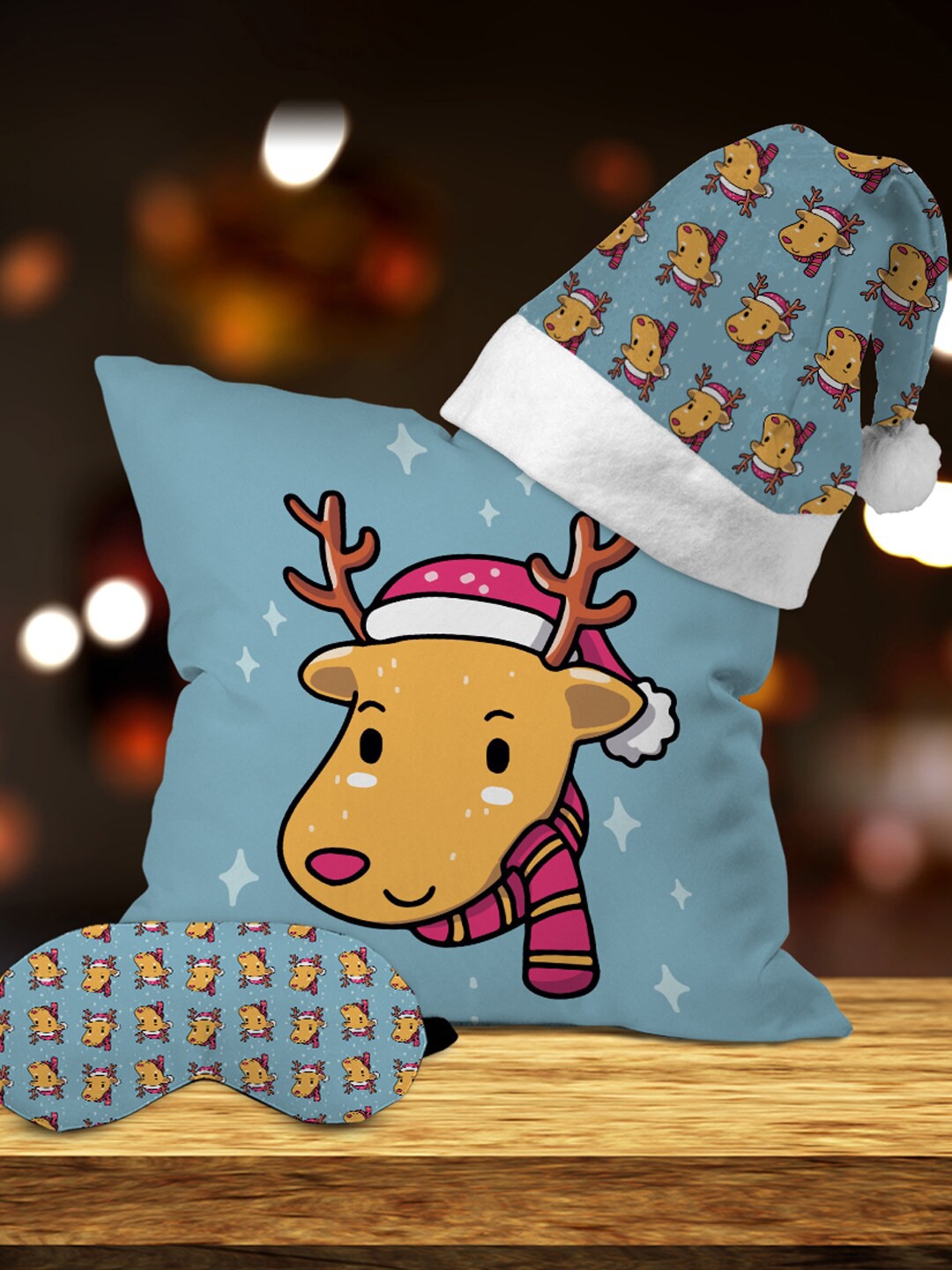 

Crazy Corner Blue Set Of 3 Cushion Santa Hat & Eye mask Christmas Gift Set