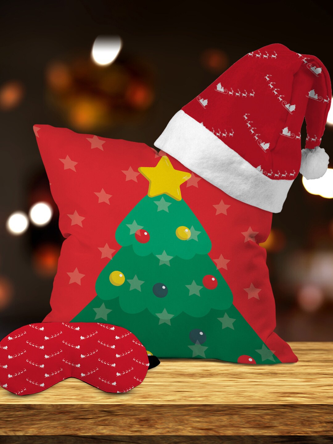 

Crazy Corner Red & Green Set Of 3 Cushion Santa Hat & Eye mask Christmas Gift Set