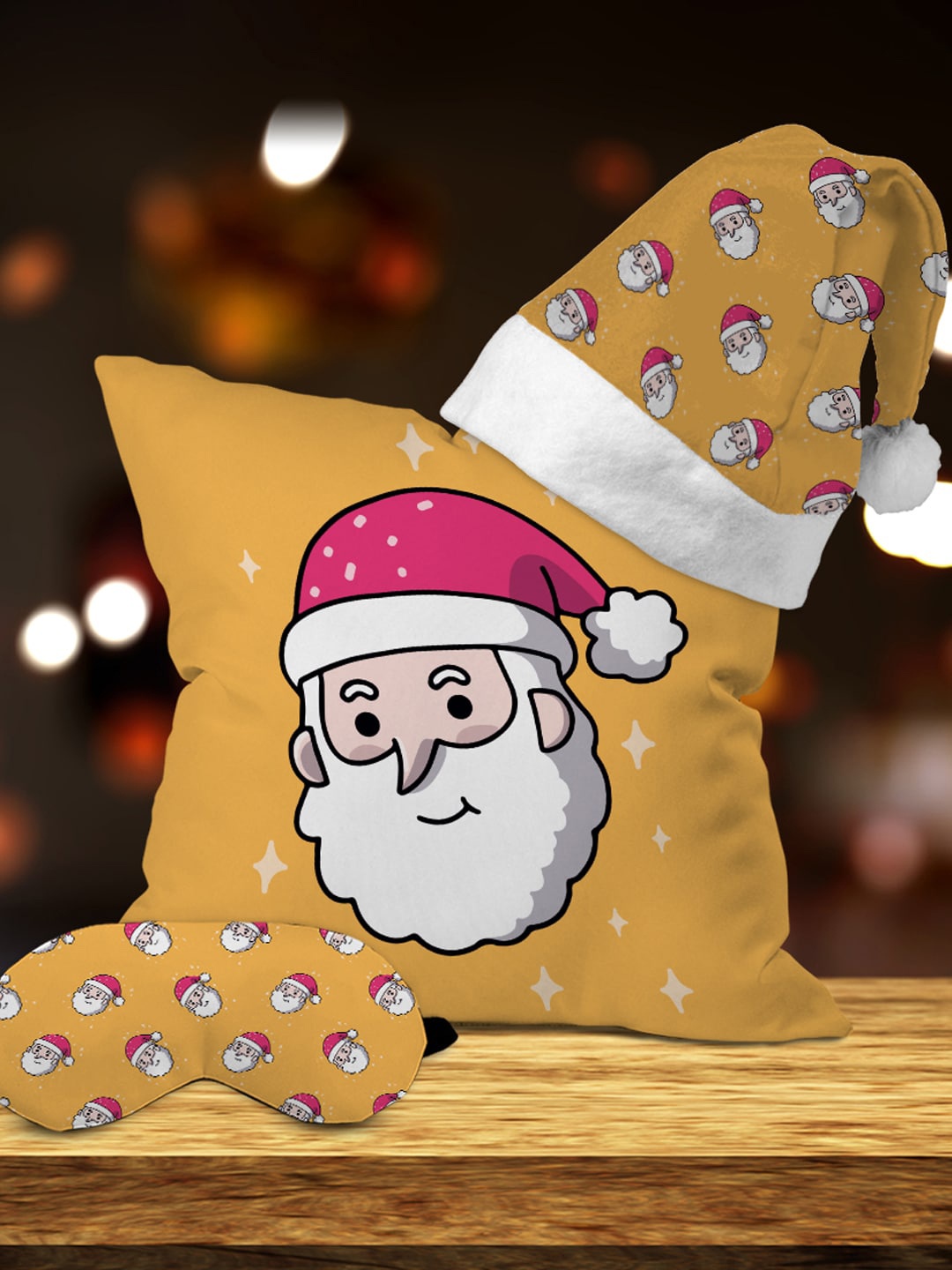 

Crazy Corner Yellow Set Of 3 Cushion Santa Hat & Eye Mask Christmas Gift Set