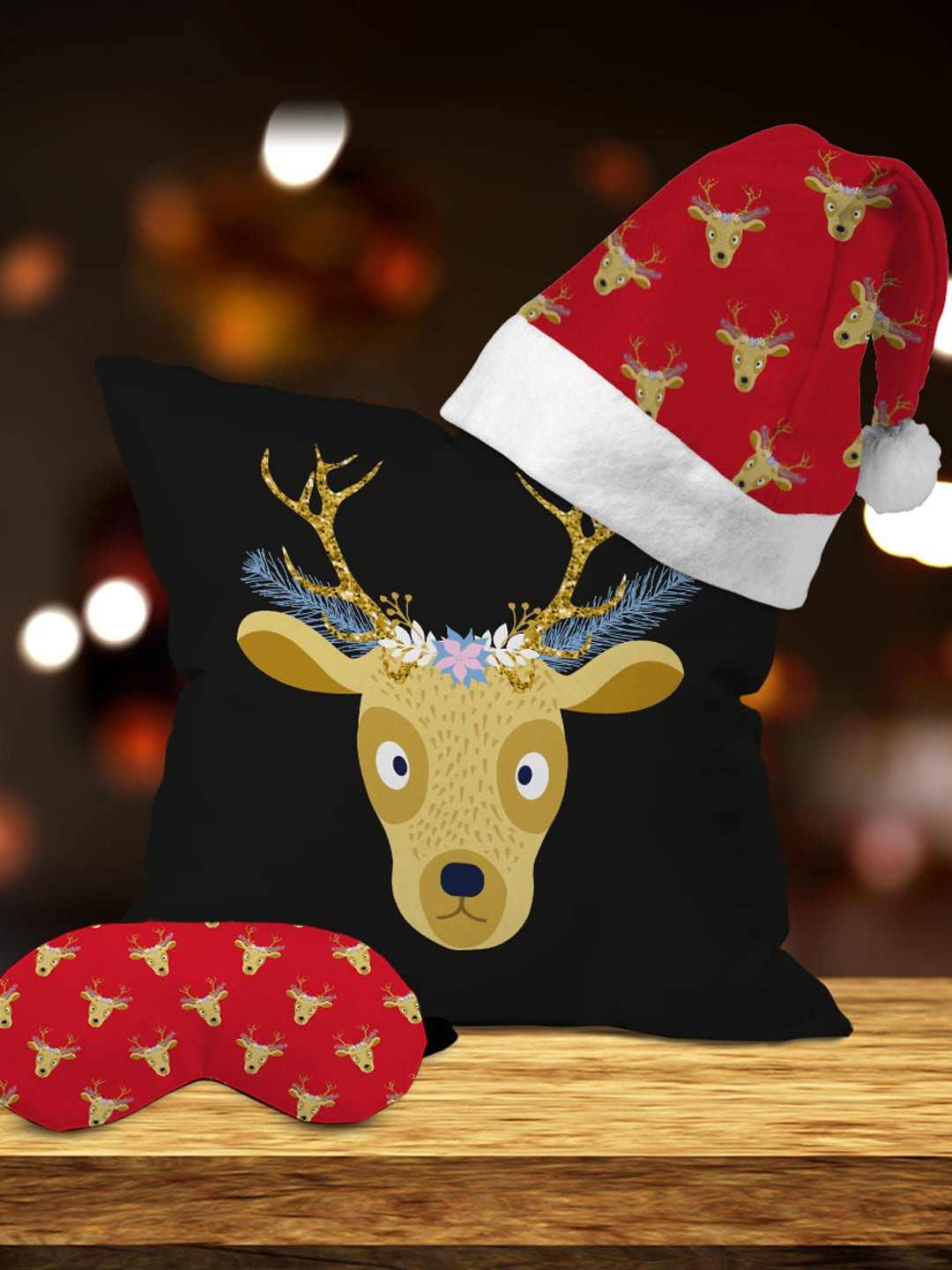 

Crazy Corner Black & Red Set Of 3 Reindeer Cushion Hat & Eye Mask Christmas Gift Set