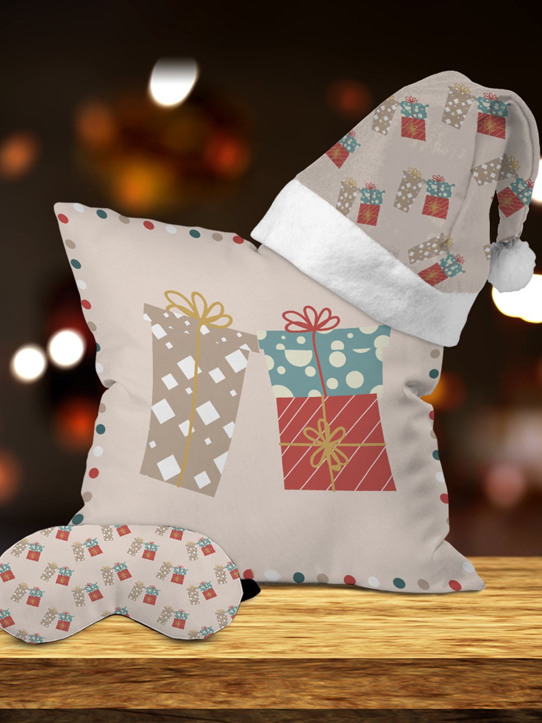 

Crazy Corner Cream Set Of 3 Cushion With Santa Hat & Eye Mask Christmas Gift Set