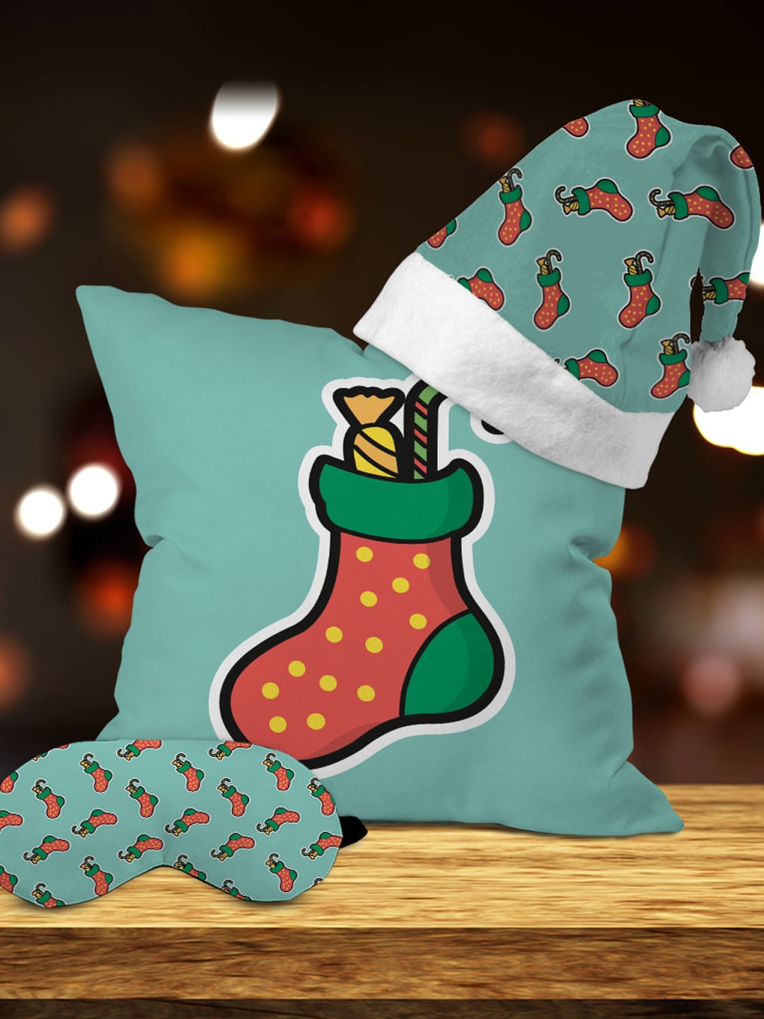 

Crazy Corner Red & Green Set Of 3 Cushion Santa Hat & Eye Mask Christmas Gift Set