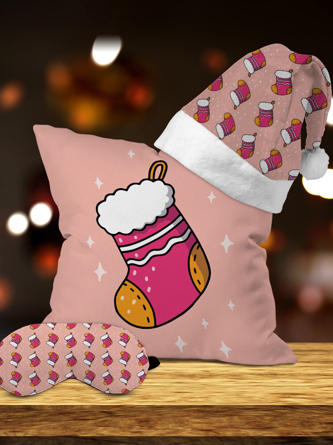 

Crazy Corner Pink Set Of 3 Cushion With Santa Hat & Eye Mask Christmas Gift Set