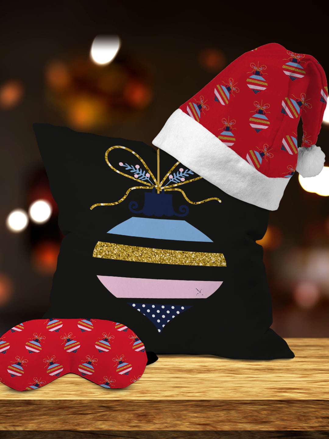 

Crazy Corner Black & Red Set Of 3 Cushion Santa Hat & Eye Mask Christmas Gift Set