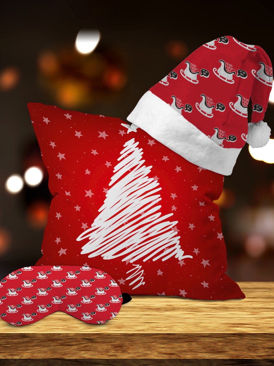 

Crazy Corner Red & White Set Of 3 Cushion With Santa Hat & Eye Mask Christmas Gift Set