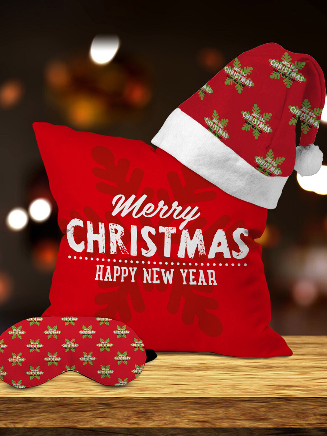 

Crazy Corner Red & Green Set Of 3 Cushion With Santa Hat & Eye Mask Christmas Gift Set