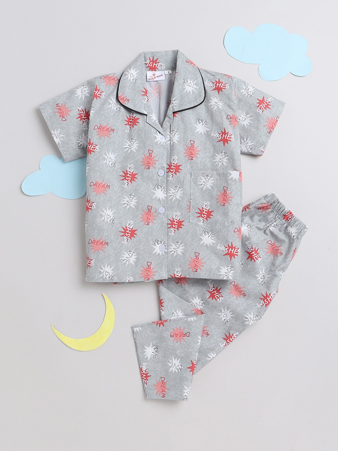 

The Magic Wand Unisex Kids Grey & White Printed Night suit
