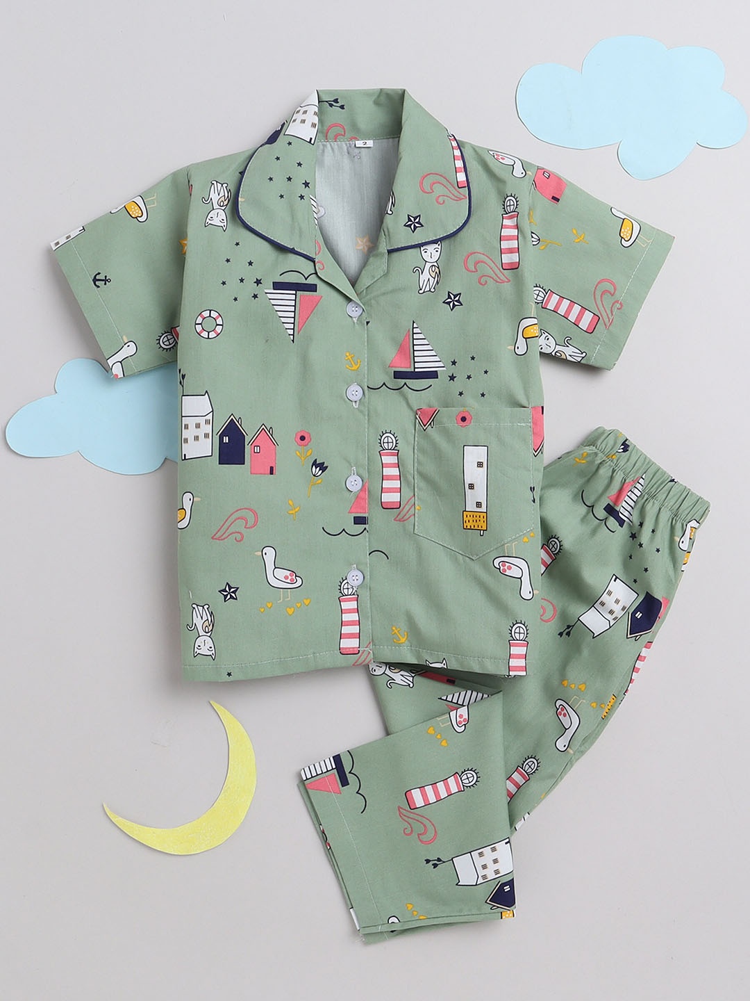 

The Magic Wand Kids Conversational Printed Night suit, Green