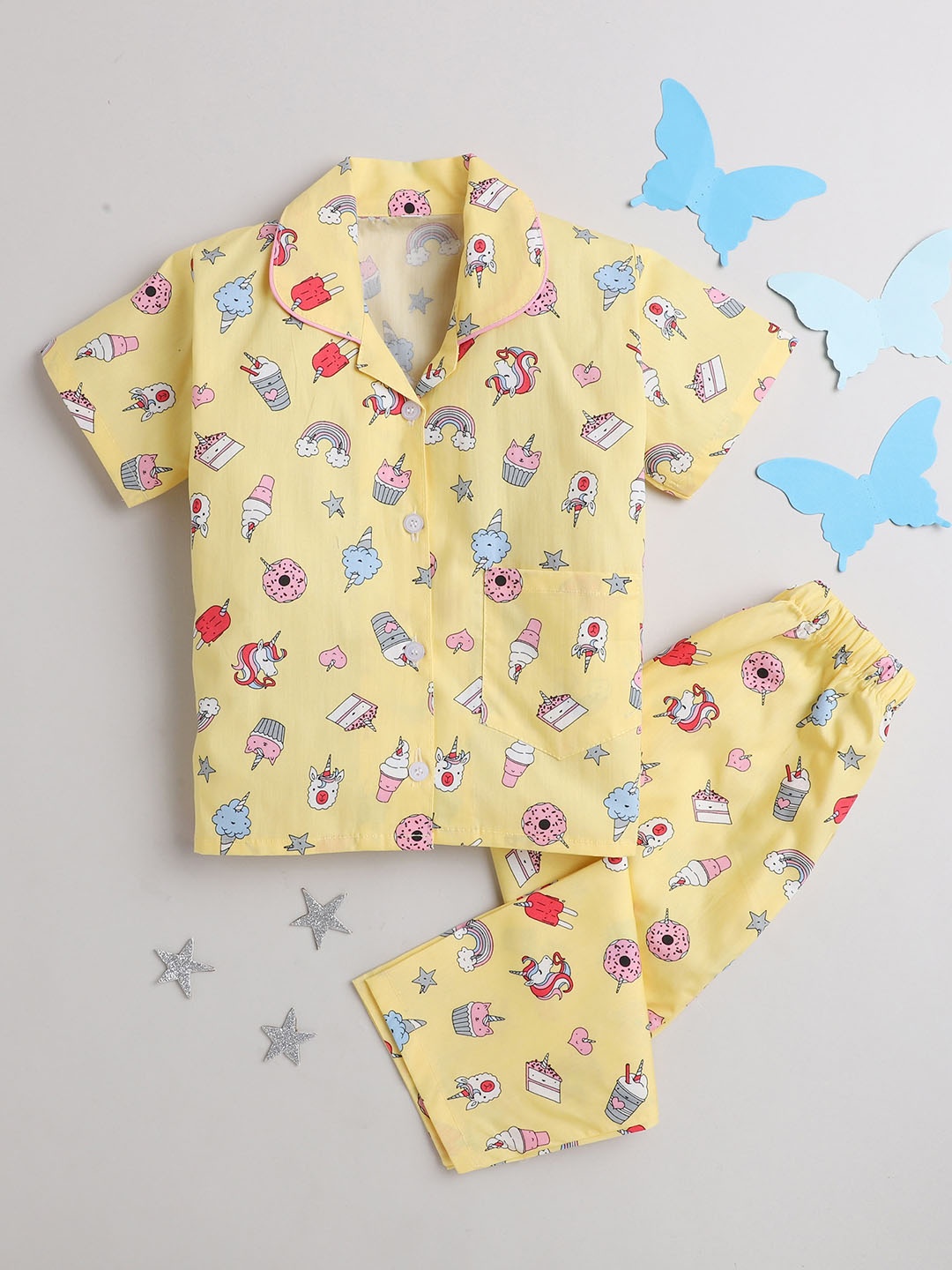 

The Magic Wand Unisex Kids Yellow & Black Printed Night suit