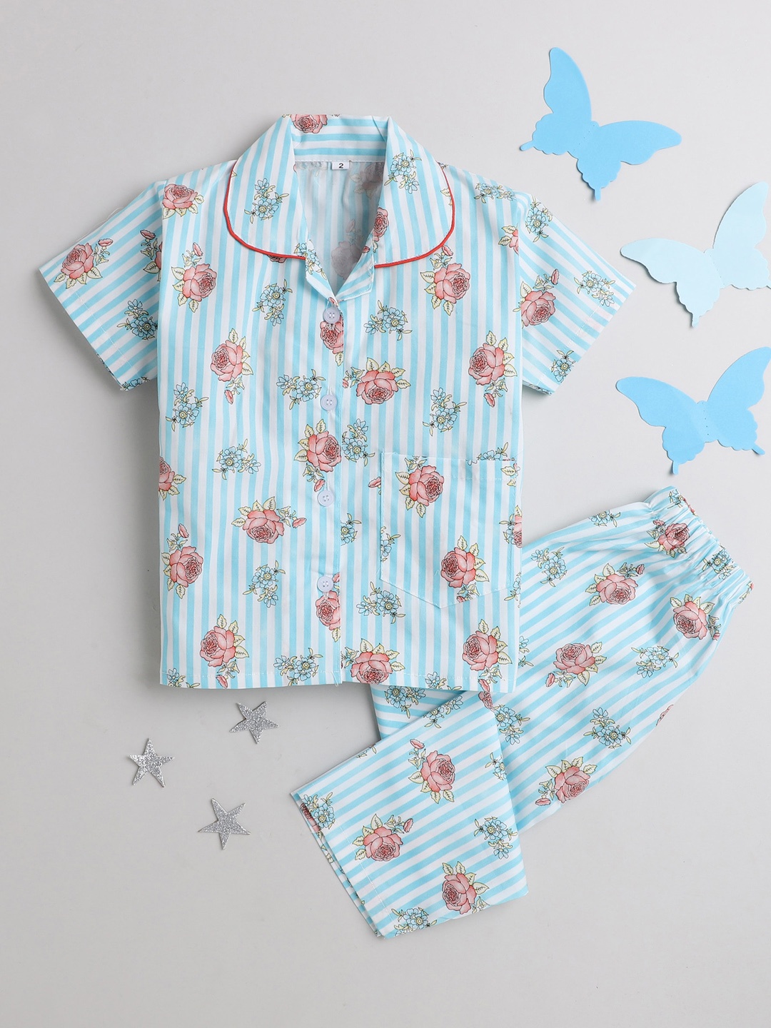 

The Magic Wand Kids Floral Printed Night suit, Blue