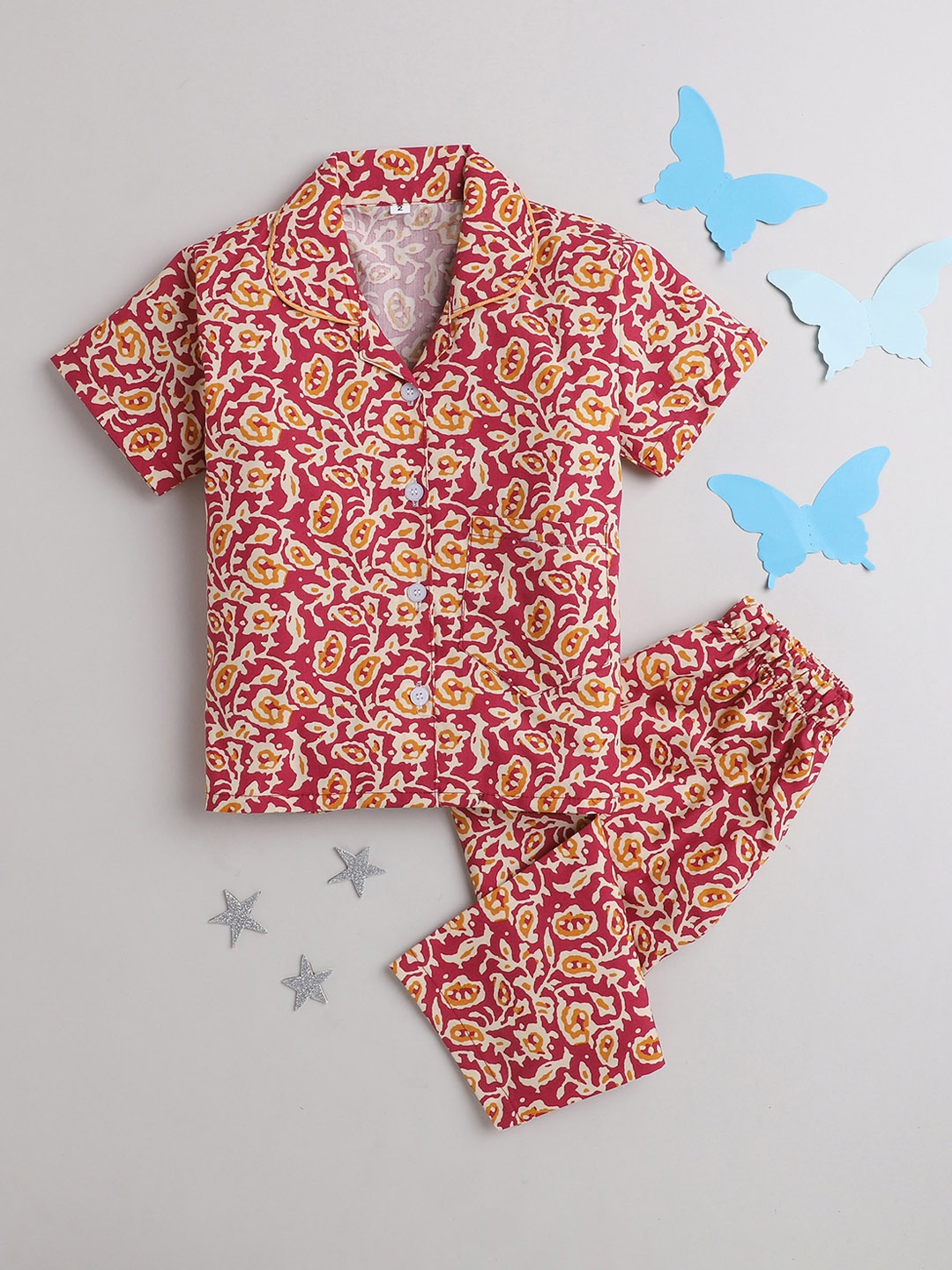 

The Magic Wand Unisex Kids Maroon & White Printed Night suit
