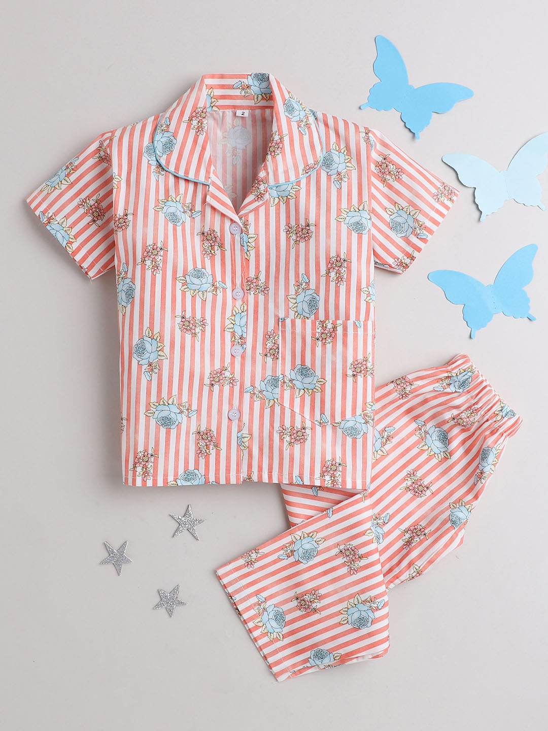 

The Magic Wand Kids Floral Printed Night suit, Peach