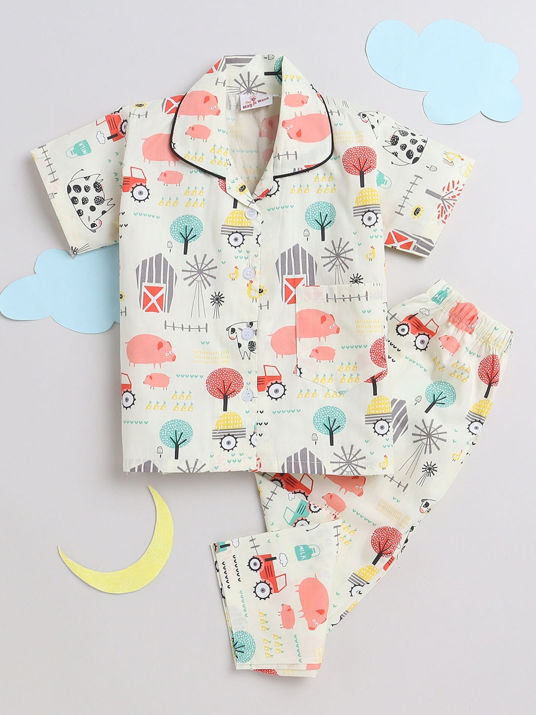 

The Magic Wand Kids Conversational Printed Night suit, Cream