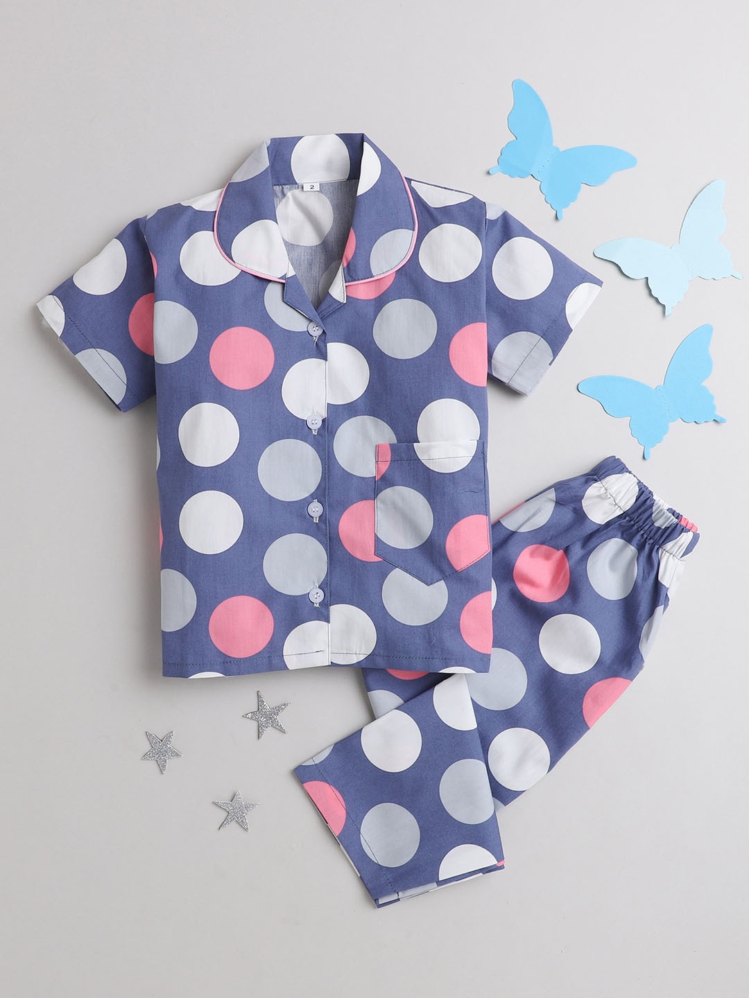 

The Magic Wand Unisex Kids Navy Blue & Pink Printed Night suit