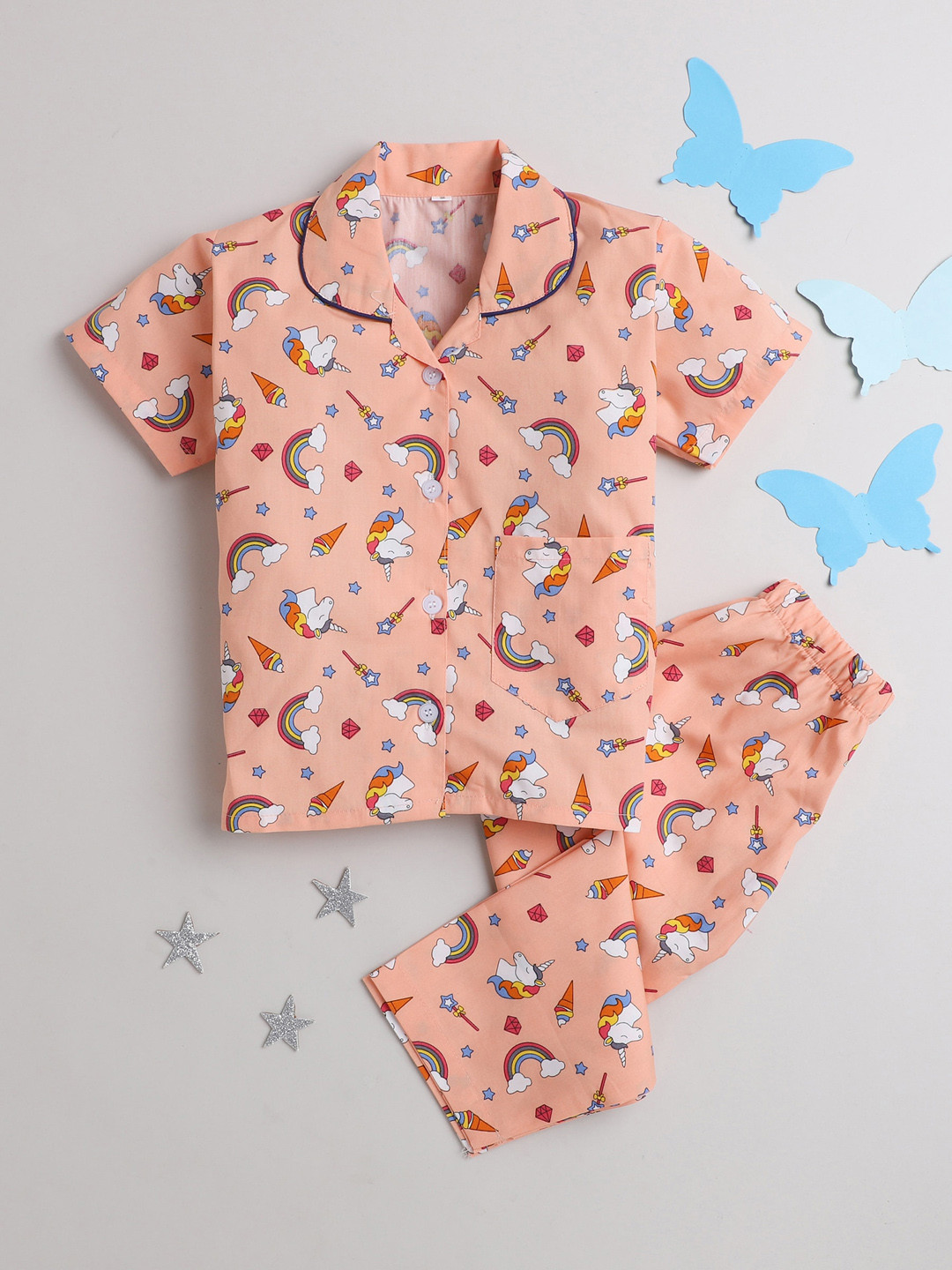 

The Magic Wand Unisex Kids Peach-Coloured & Red Printed Night suit