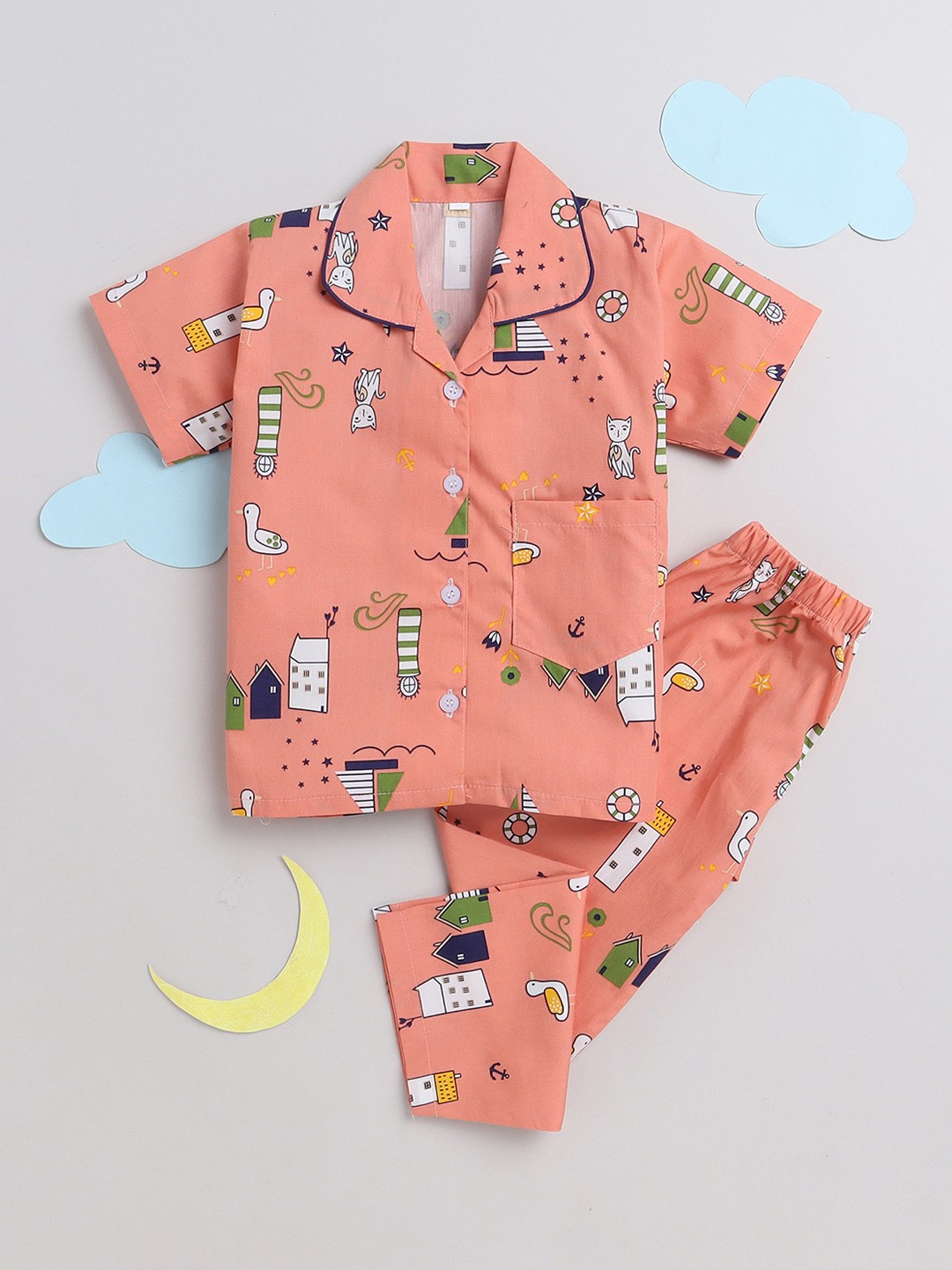 

The Magic Wand Unisex Kids Peach-Coloured & White Printed Night suit