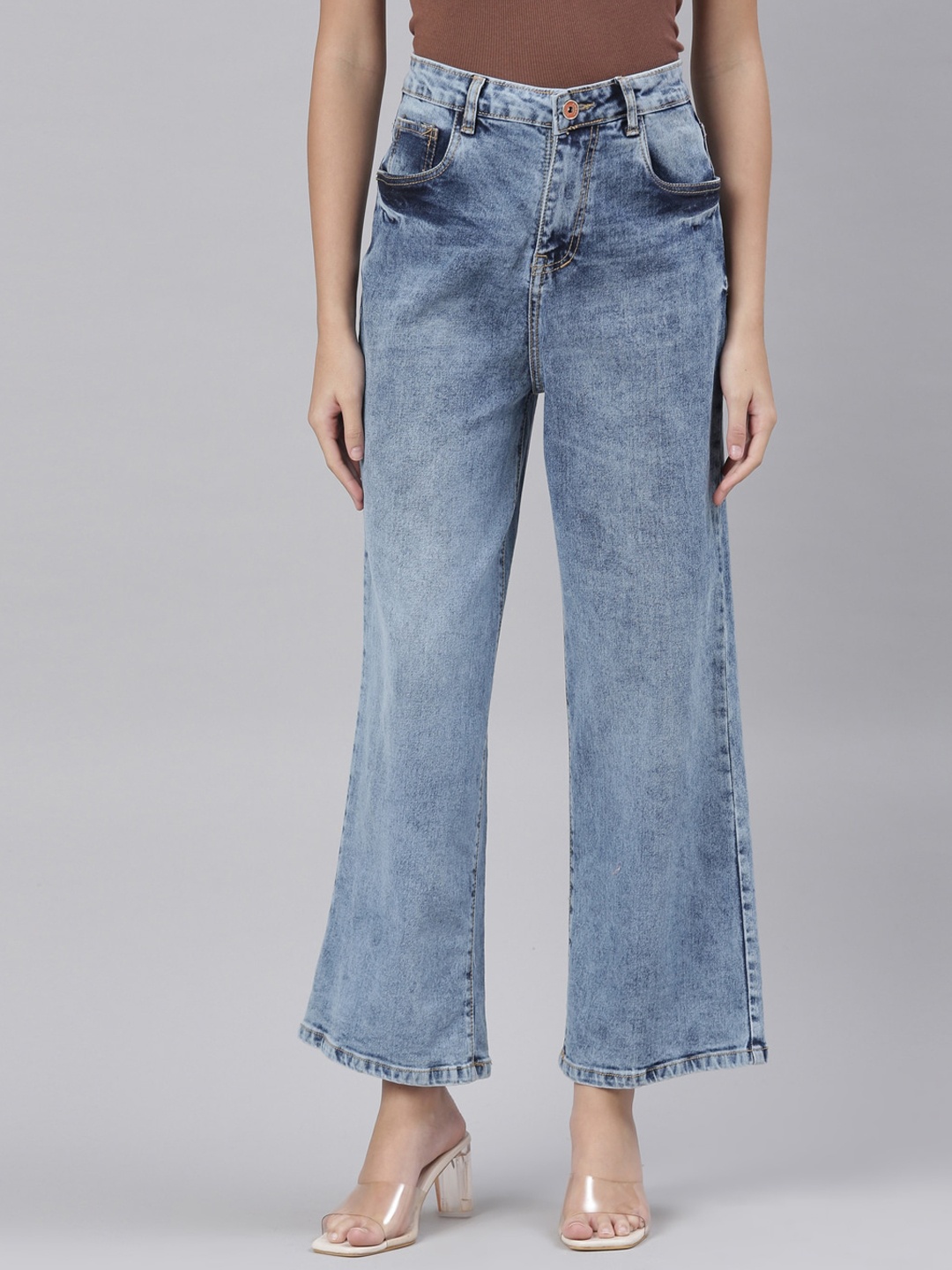 

ZHEIA Women Blue Wide Leg High-Rise Heavy Fade Stretchable Jeans