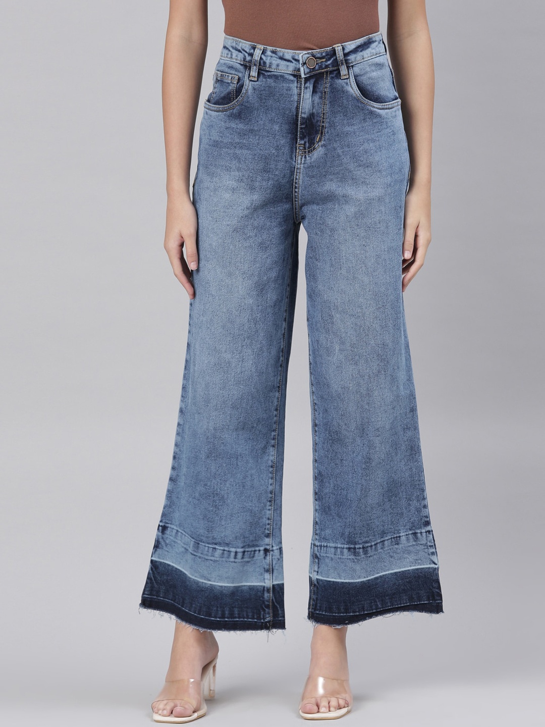 

ZHEIA Women Blue Wide Leg High-Rise Heavy Fade Cotton Jeans