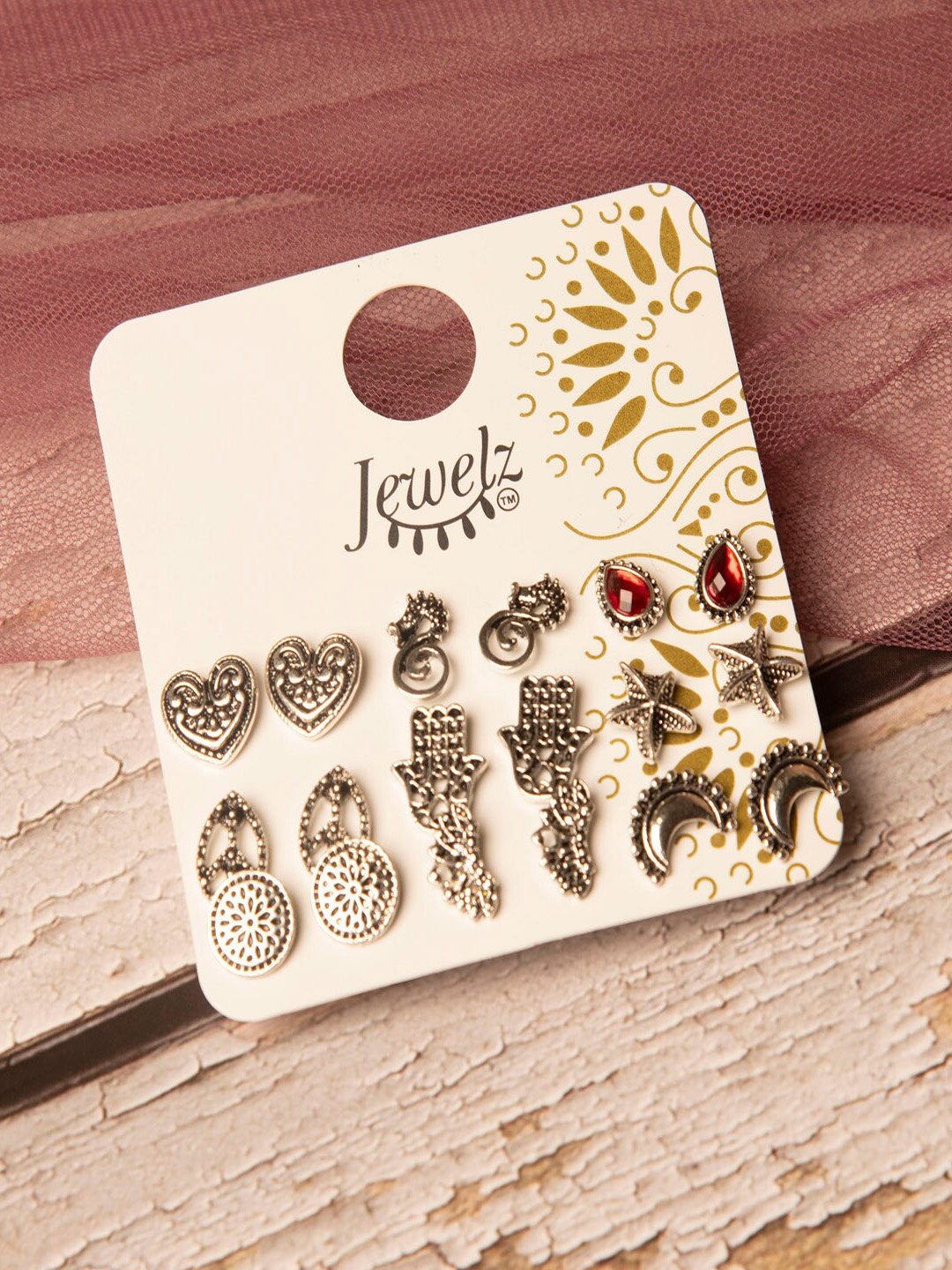 

Jewelz Set Of 7 Silver-Toned Contemporary Studs Earrings, Gold