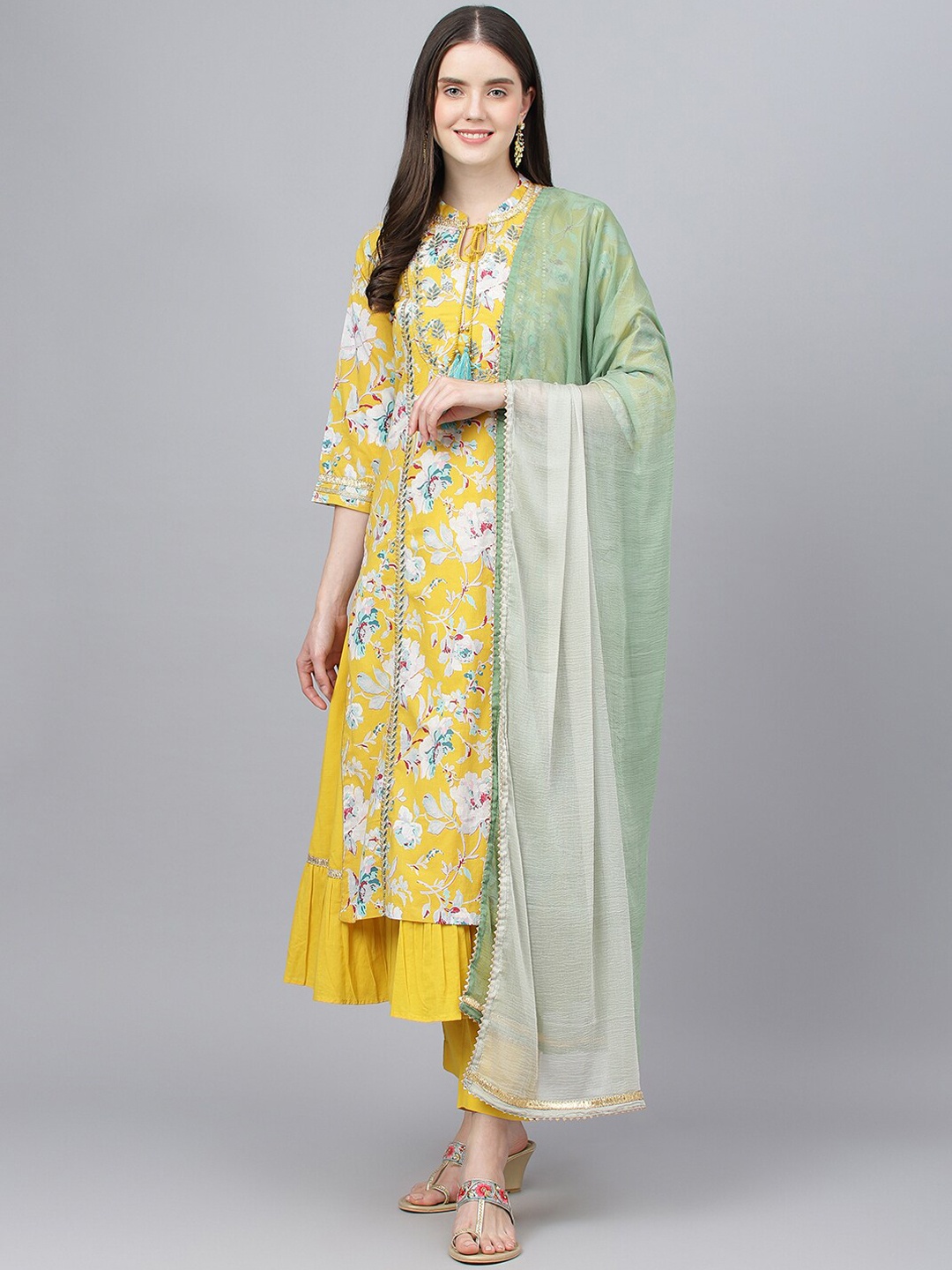 

Divena Floral Printed Sequinned Pure Cotton Kurta with Trousers & With Dupatta, Yellow