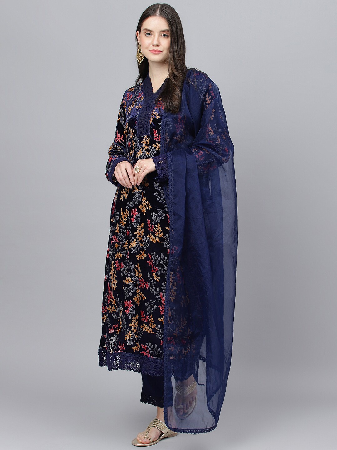

Divena Ethnic Motifs Printed Velvet Kurta with Trousers & With Dupatta, Navy blue