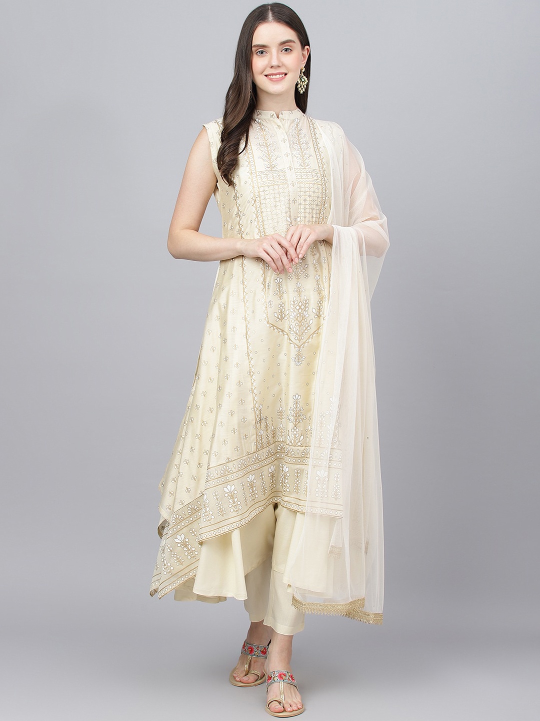 

Divena Ethnic Motifs Printed Layered Chanderi Silk Kurta with Trousers & With Dupatta, Cream