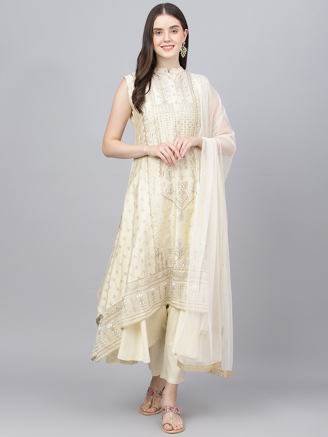 

Divena Ethnic Motifs Printed Layered Chanderi Silk Kurta with Trousers & With Dupatta, Cream