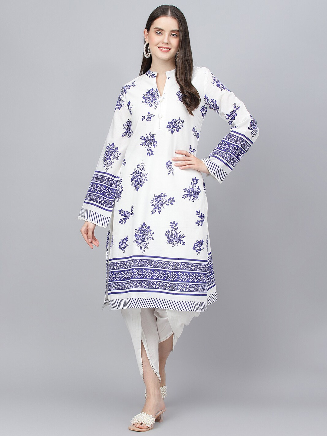 

Divena Floral Printed Pure Cotton Kurta with Dhoti Pants, White