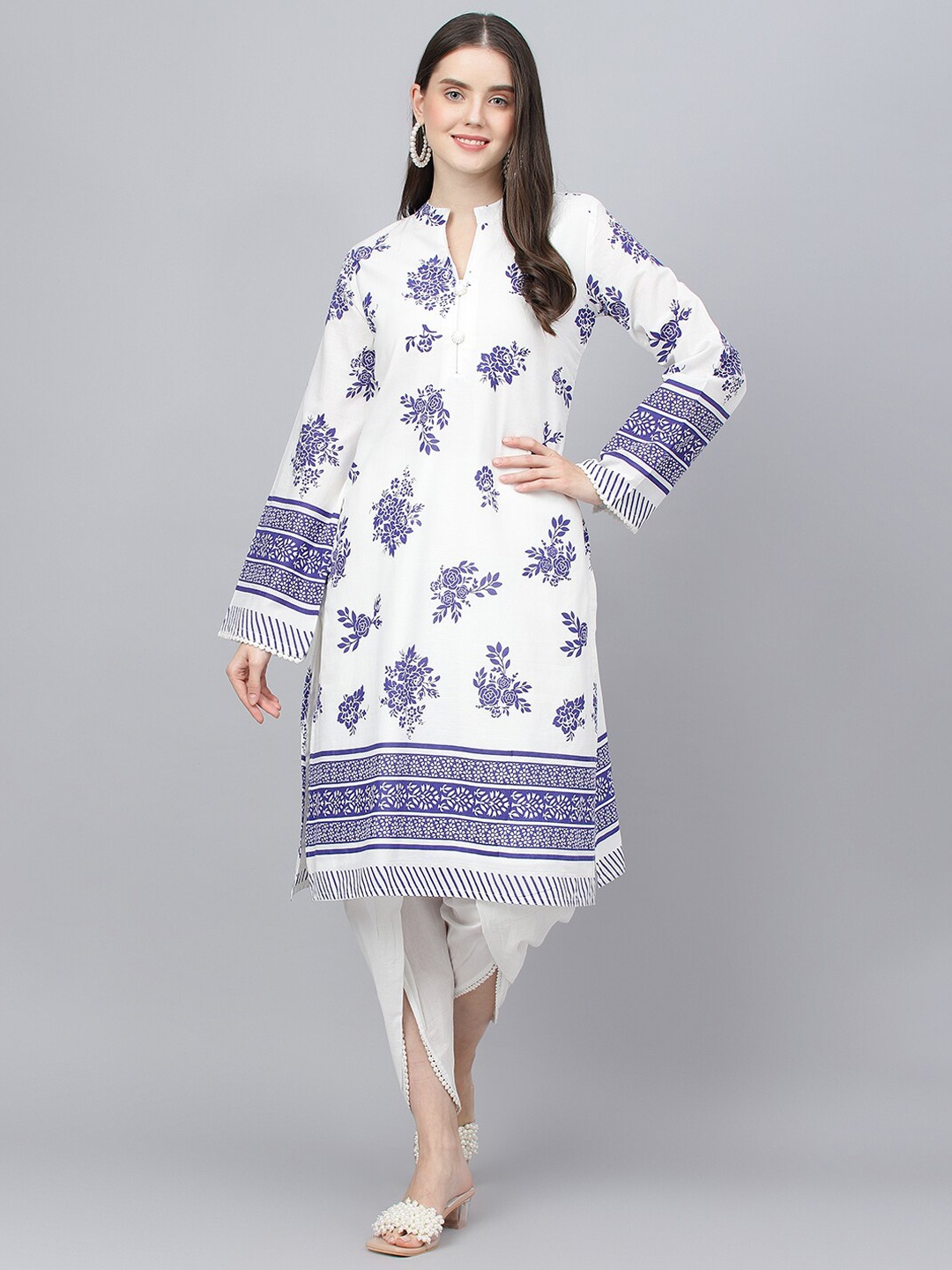 

Divena Floral Printed Pure Cotton Kurta with Dhoti Pants, White